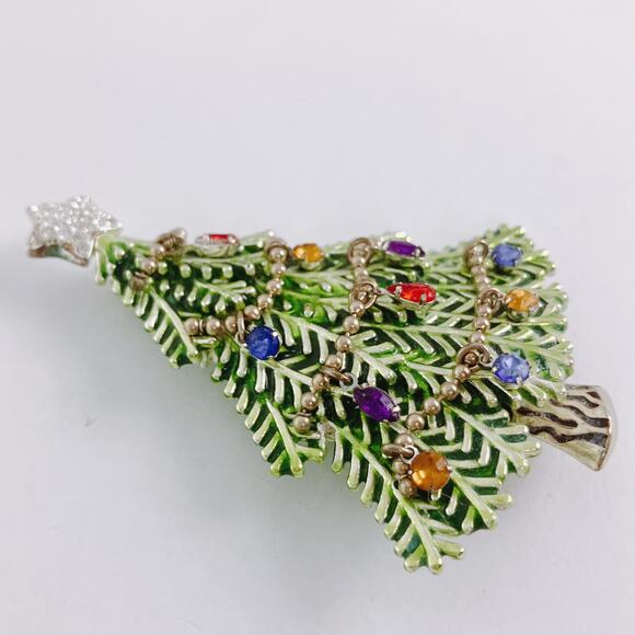 Signed Avon 2008 5th Annual Christmas Tree Brooch Green Enamel Rhinestones - Picture 3 of 11